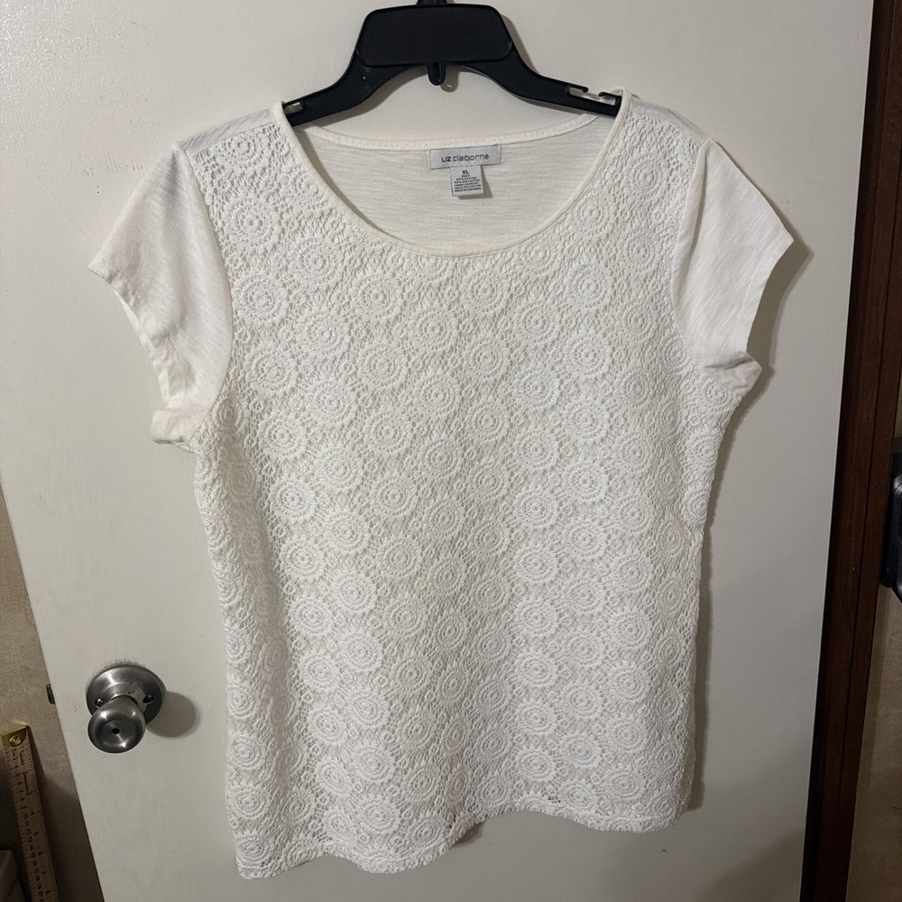 Liz Claiborne Womens X- Large White Lace Overlay Short Sleeve Blouse Top EUC